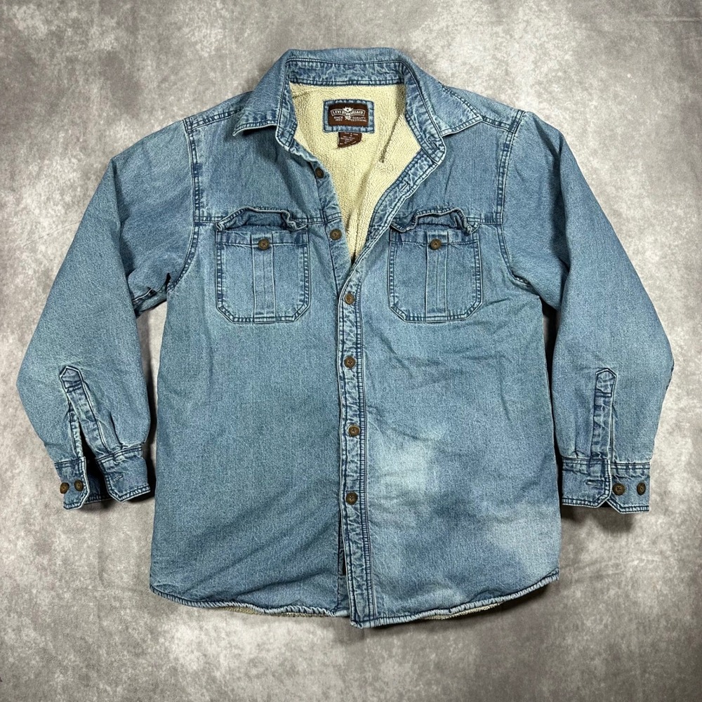 Levis Mens M Sherpa Lined Denim Shirt Jacket Blue Button Front Shacket Trucker